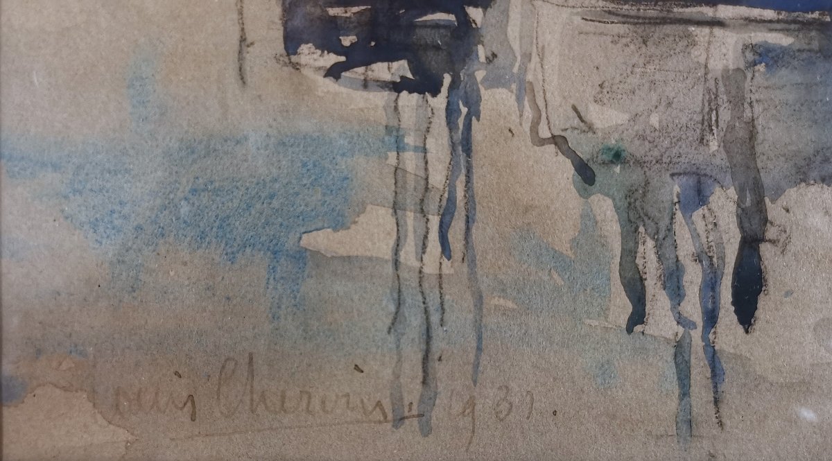 Watercolour By Louis Chervin (1905–1969), ‘port Normand’ Or ‘harbour Busy With Sailing Ships’-photo-4