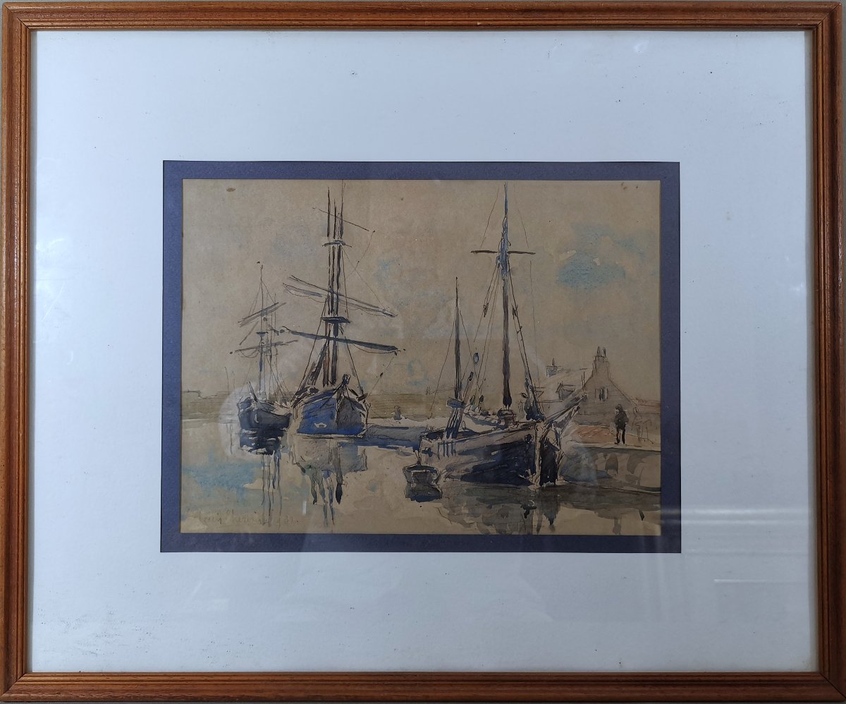 Watercolour By Louis Chervin (1905–1969), ‘port Normand’ Or ‘harbour Busy With Sailing Ships’