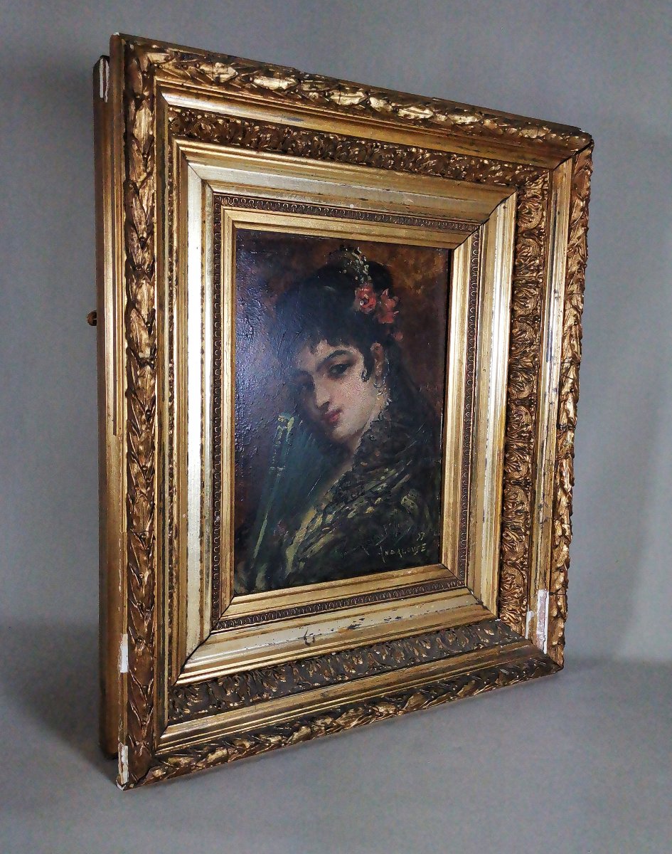Jeune Andalouse, huile S/Panneau du XIXe de Joseph Emmanuel van den Bussche, Signée et datée 97-photo-3