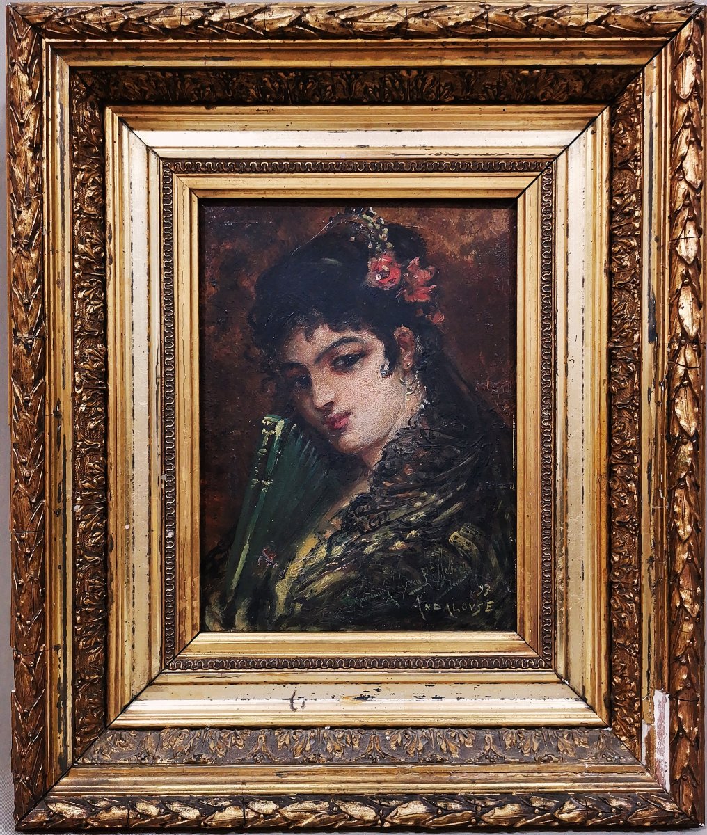 Jeune Andalouse, huile S/Panneau du XIXe de Joseph Emmanuel van den Bussche, Signée et datée 97-photo-4