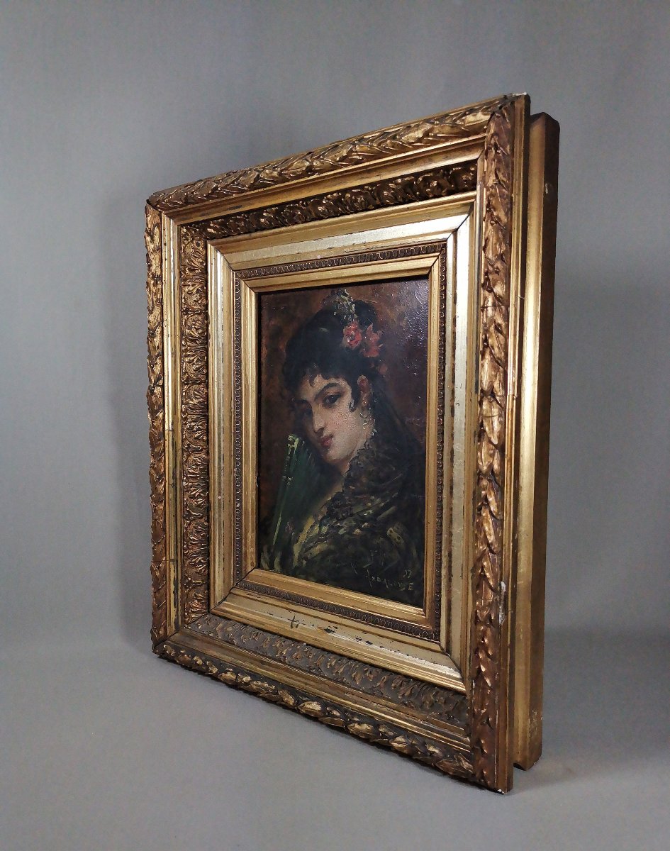 Jeune Andalouse, huile S/Panneau du XIXe de Joseph Emmanuel van den Bussche, Signée et datée 97-photo-1