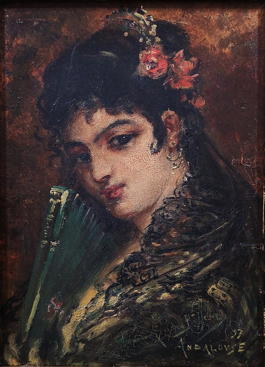 Jeune Andalouse, huile S/Panneau du XIXe de Joseph Emmanuel van den Bussche, Signée et datée 97-photo-2