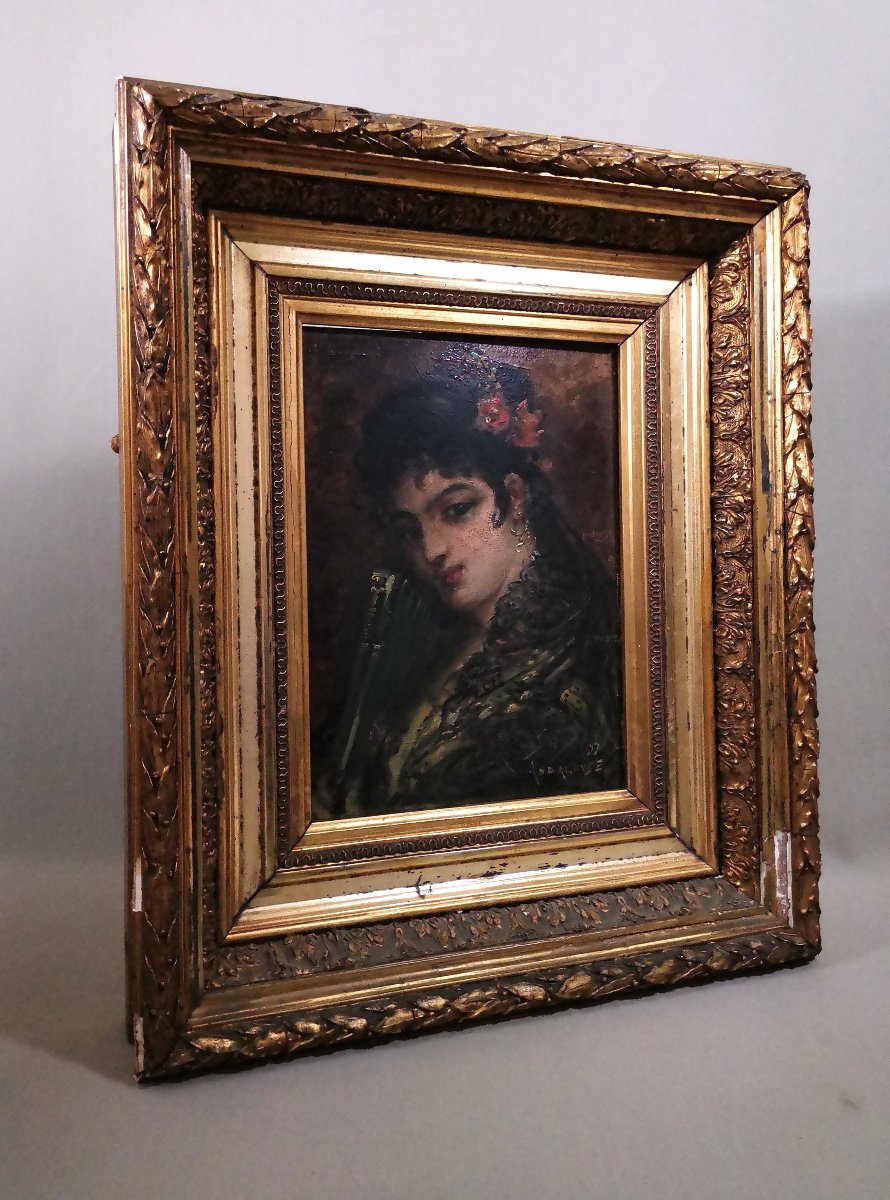 Jeune Andalouse, huile S/Panneau du XIXe de Joseph Emmanuel van den Bussche, Signée et datée 97-photo-3