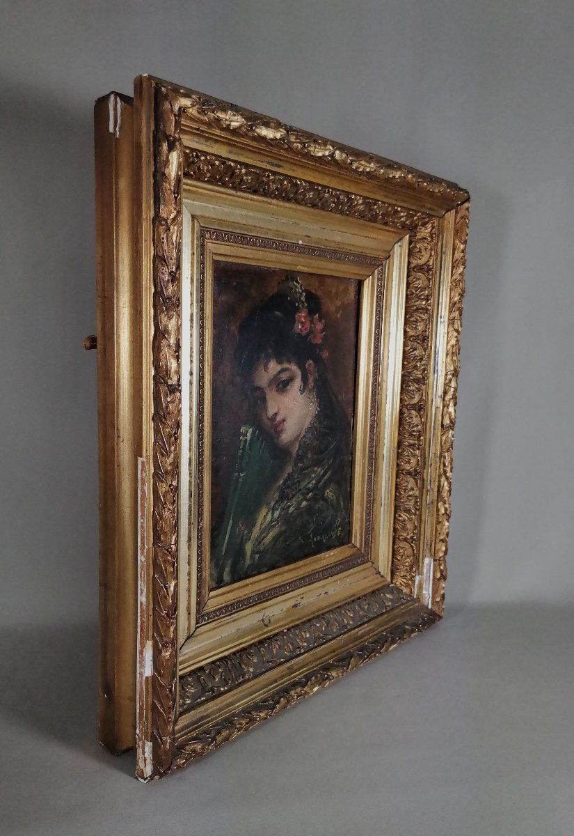 Jeune Andalouse, huile S/Panneau du XIXe de Joseph Emmanuel van den Bussche, Signée et datée 97-photo-5