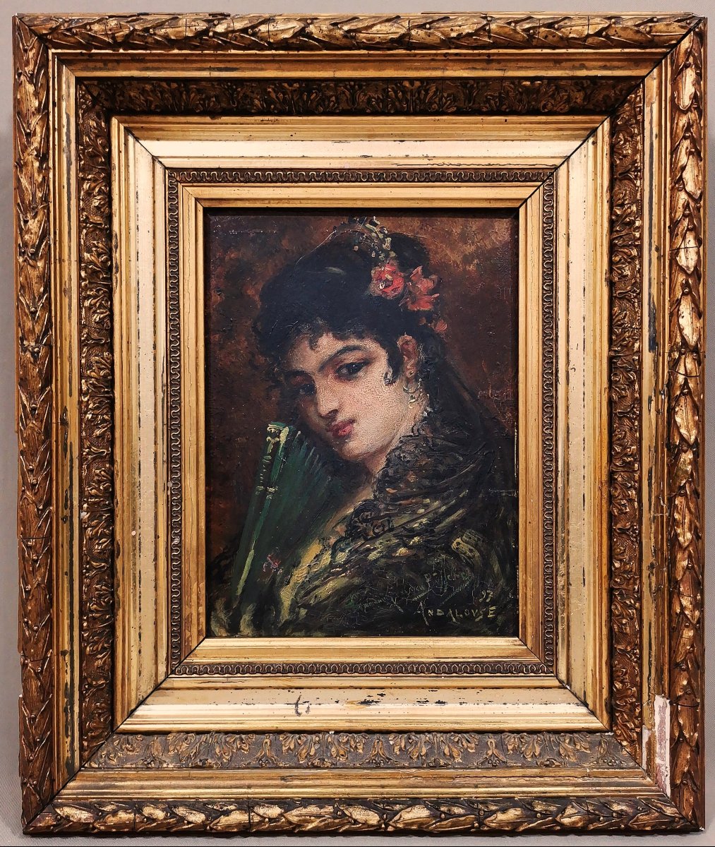 Jeune Andalouse, huile S/Panneau du XIXe de Joseph Emmanuel van den Bussche, Signée et datée 97