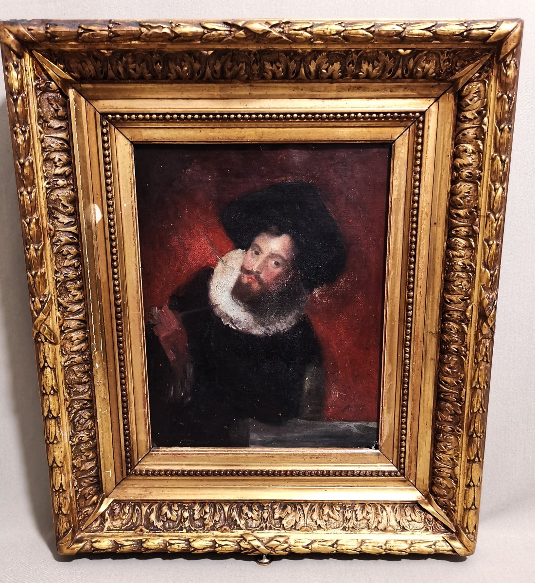Huile sur Toile Ancienne, Portrait Présumé du Peintre & Maître Baroque Pierre Paul Rubens-photo-3