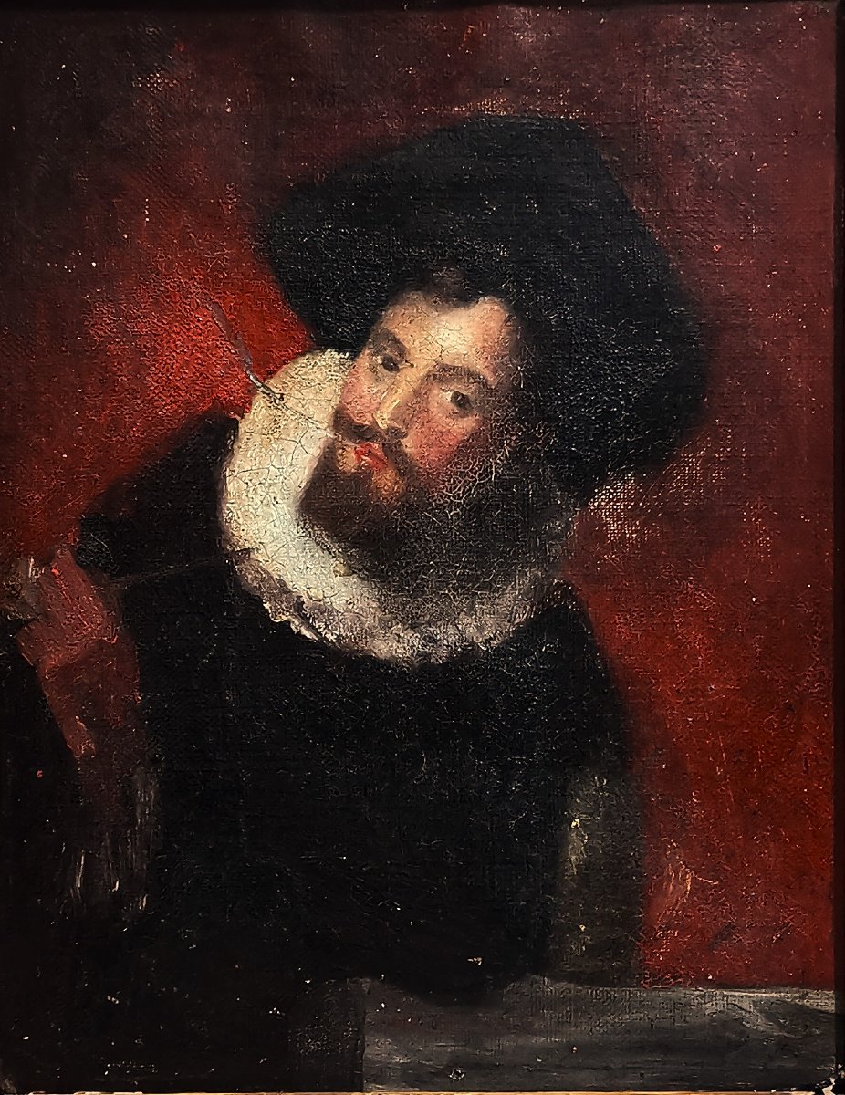 Huile sur Toile Ancienne, Portrait Présumé du Peintre & Maître Baroque Pierre Paul Rubens-photo-1