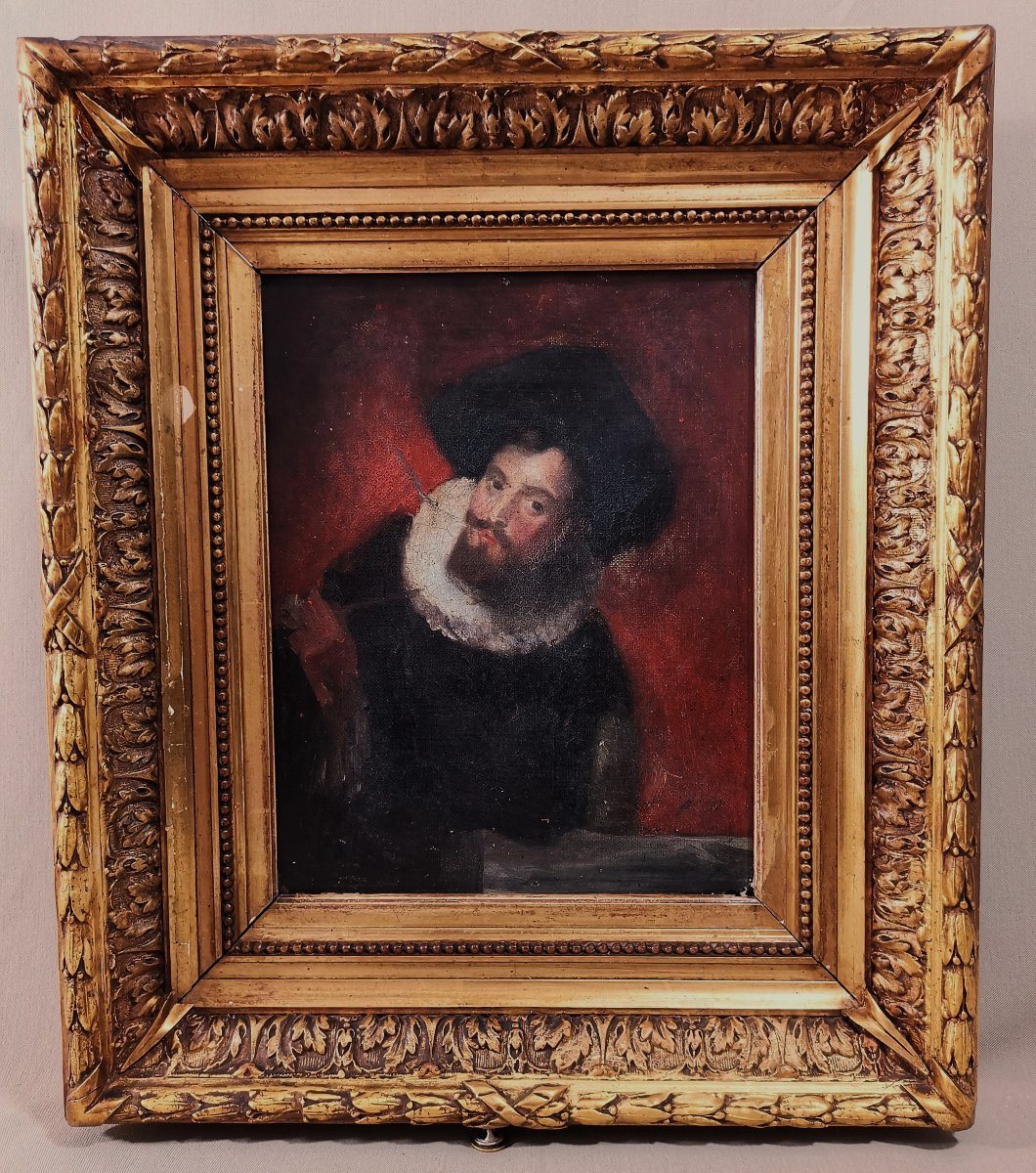 Huile sur Toile Ancienne, Portrait Présumé du Peintre & Maître Baroque Pierre Paul Rubens-photo-3
