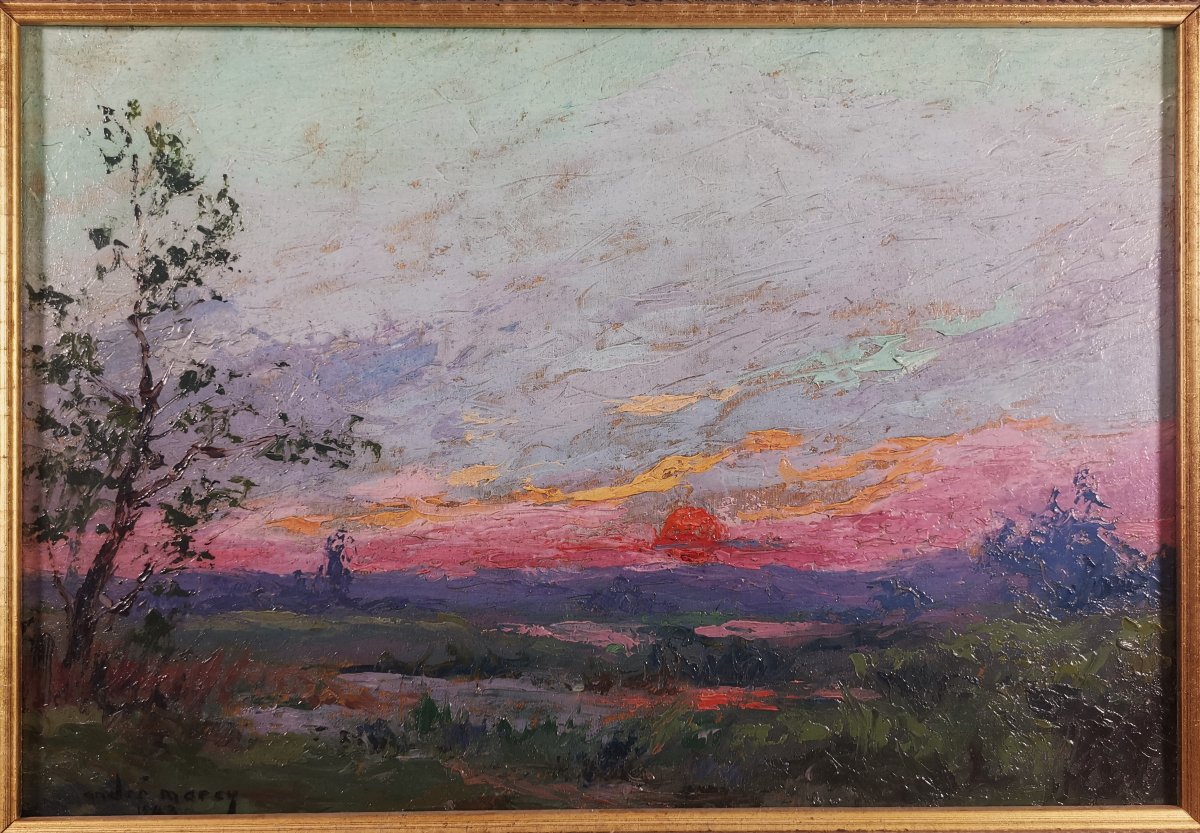 Peinture Huile sur Panneau de Style Post Impressionniste Figurant un Paysage au Soleil Couchant-photo-2