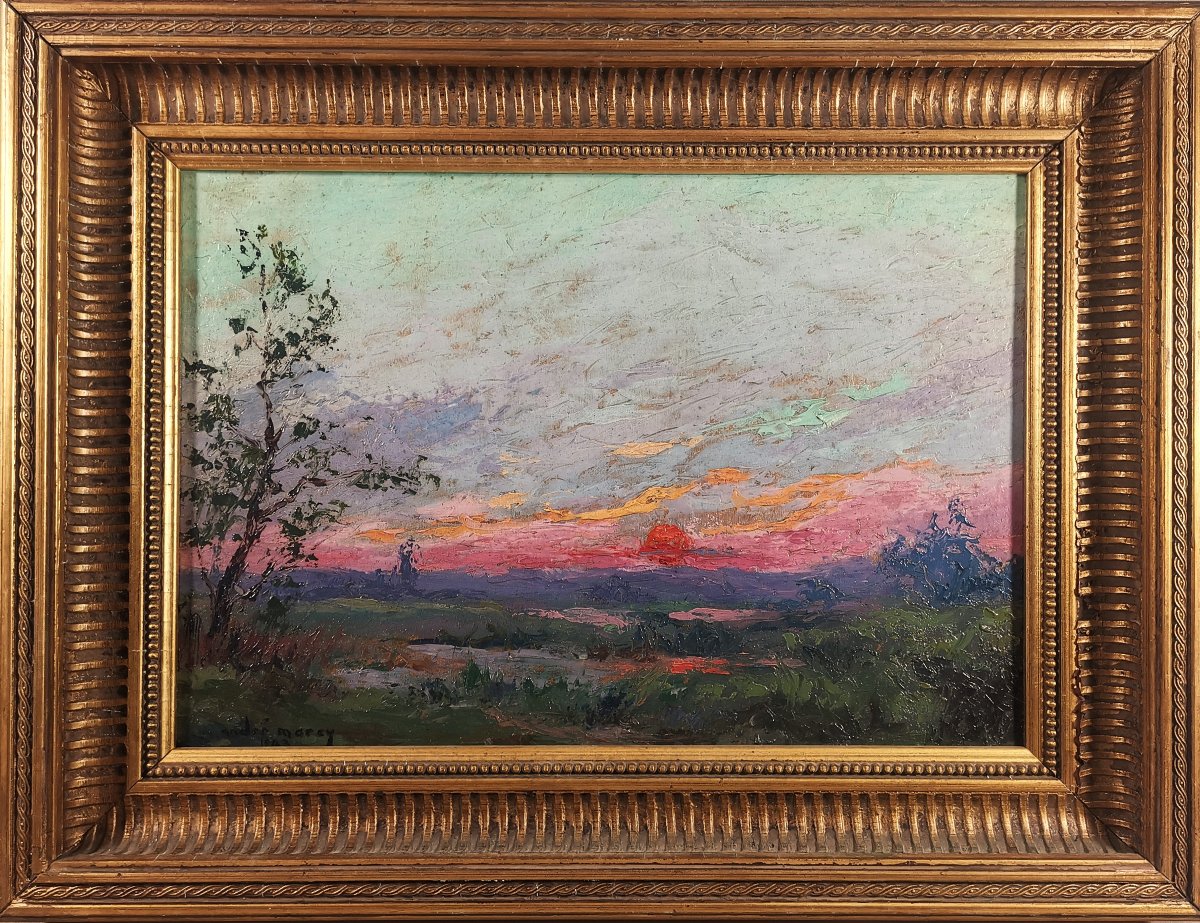Peinture Huile sur Panneau de Style Post Impressionniste Figurant un Paysage au Soleil Couchant-photo-3