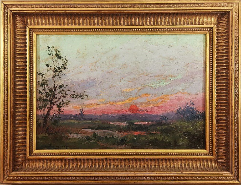 Peinture Huile sur Panneau de Style Post Impressionniste Figurant un Paysage au Soleil Couchant-photo-1