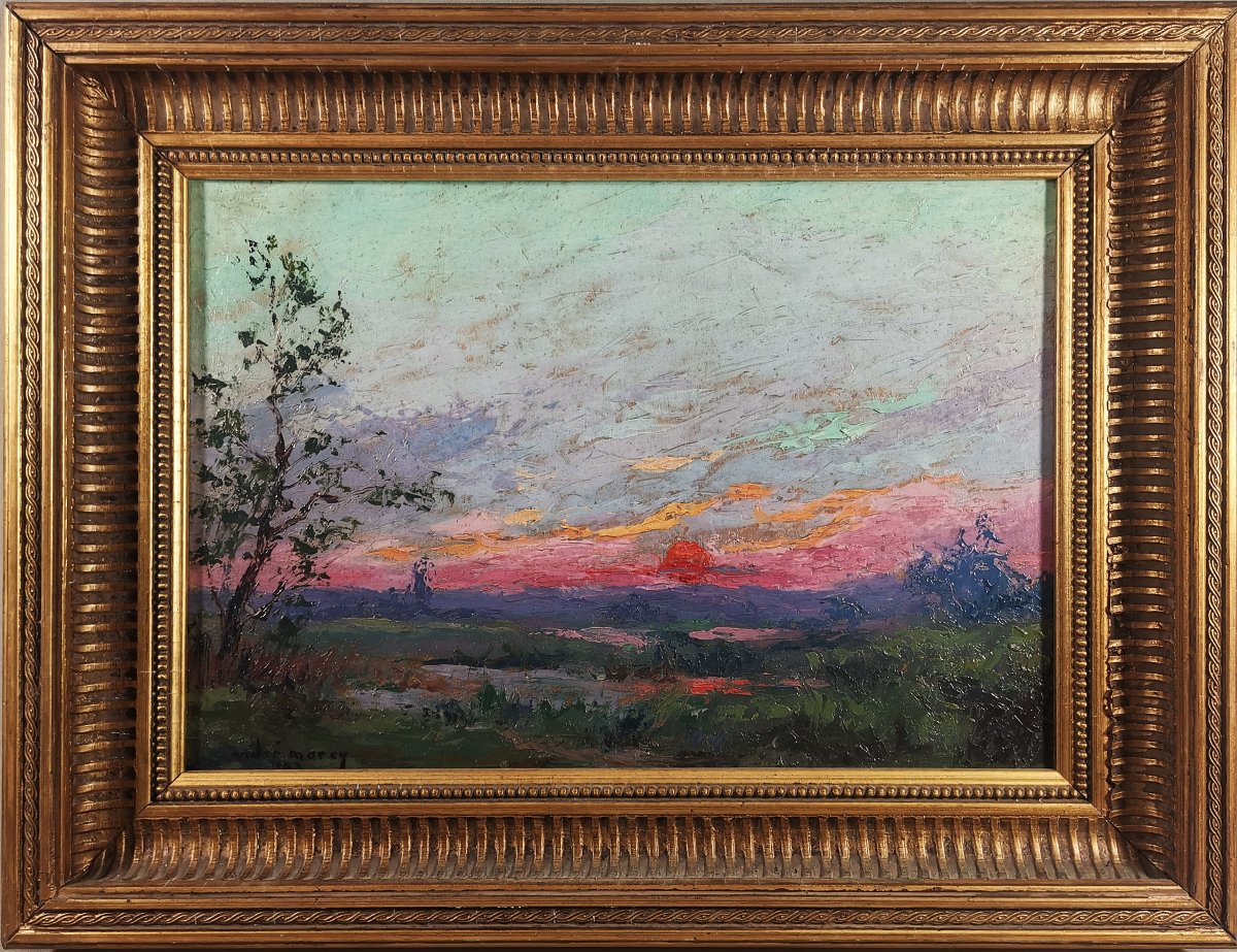 Peinture Huile sur Panneau de Style Post Impressionniste Figurant un Paysage au Soleil Couchant