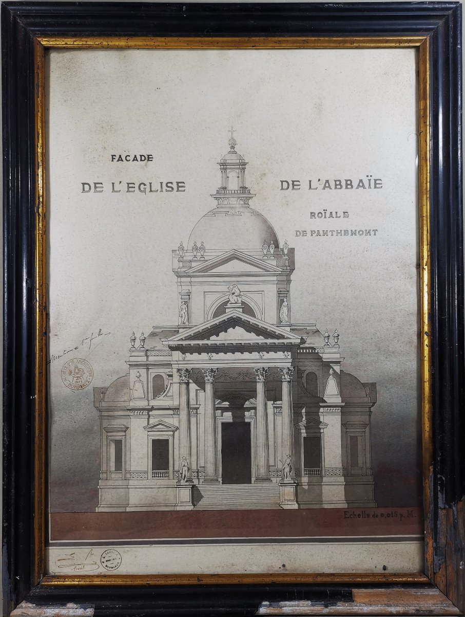 Dessin Ancien au Lavis d Encre, Architecte E. Saunier, Eglise de l Abbaye Royale de Penthemont-photo-3