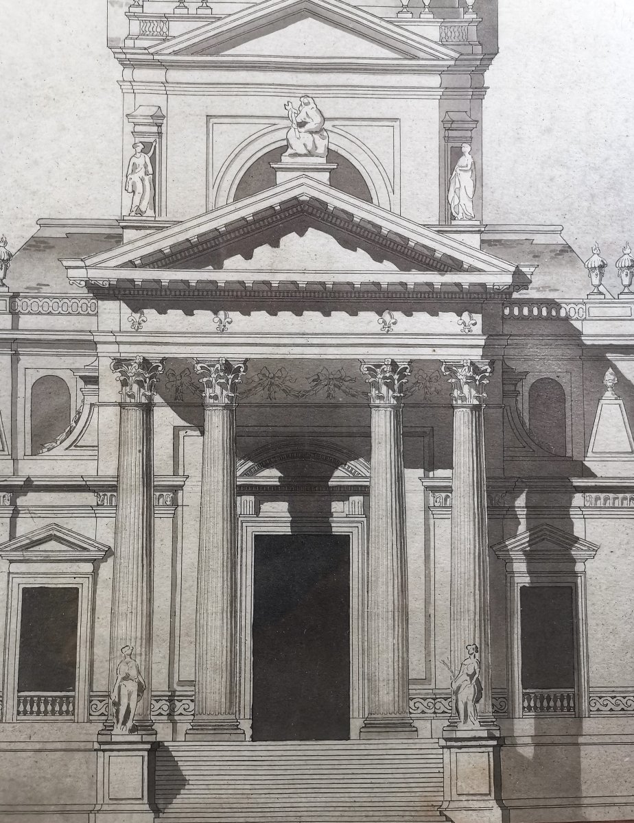 Dessin Ancien au Lavis d Encre, Architecte E. Saunier, Eglise de l Abbaye Royale de Penthemont-photo-1
