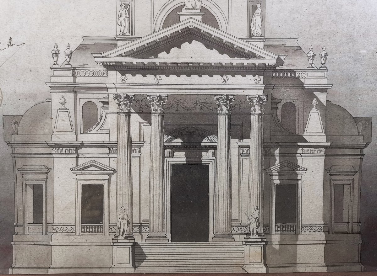 Dessin Ancien au Lavis d Encre, Architecte E. Saunier, Eglise de l Abbaye Royale de Penthemont-photo-3