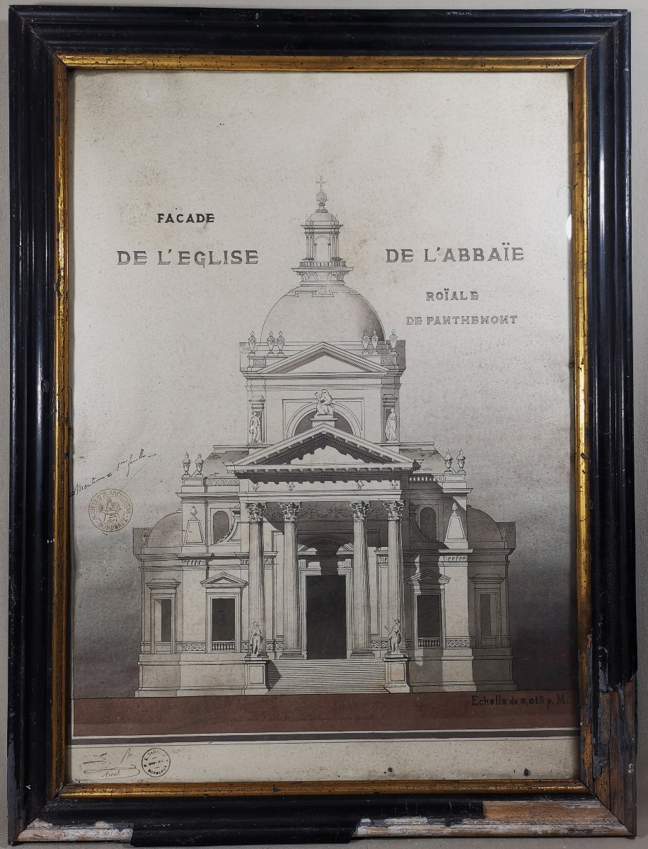 Dessin Ancien au Lavis d Encre, Architecte E. Saunier, Eglise de l Abbaye Royale de Penthemont