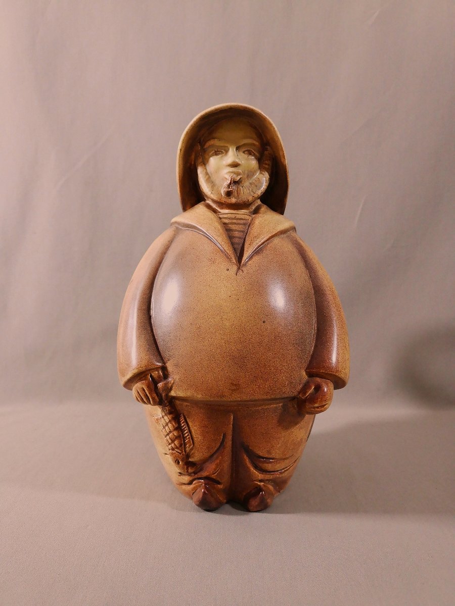 Marie Madeleine Jolly, Anthropomorphic Ceramic Pitcher Depicting A Fisherman, Signed On The Back