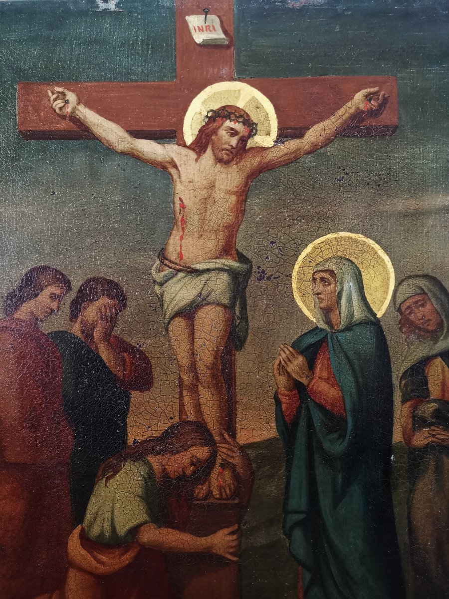 La Crucifixion de Jésus, huile sur plaque de Métal,  XIXe siècle, XIIe Station Chemin de Croix-photo-2