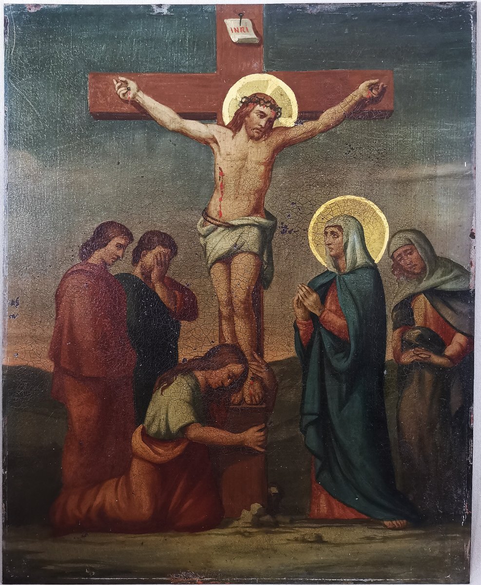 La Crucifixion de Jésus, huile sur plaque de Métal,  XIXe siècle, XIIe Station Chemin de Croix