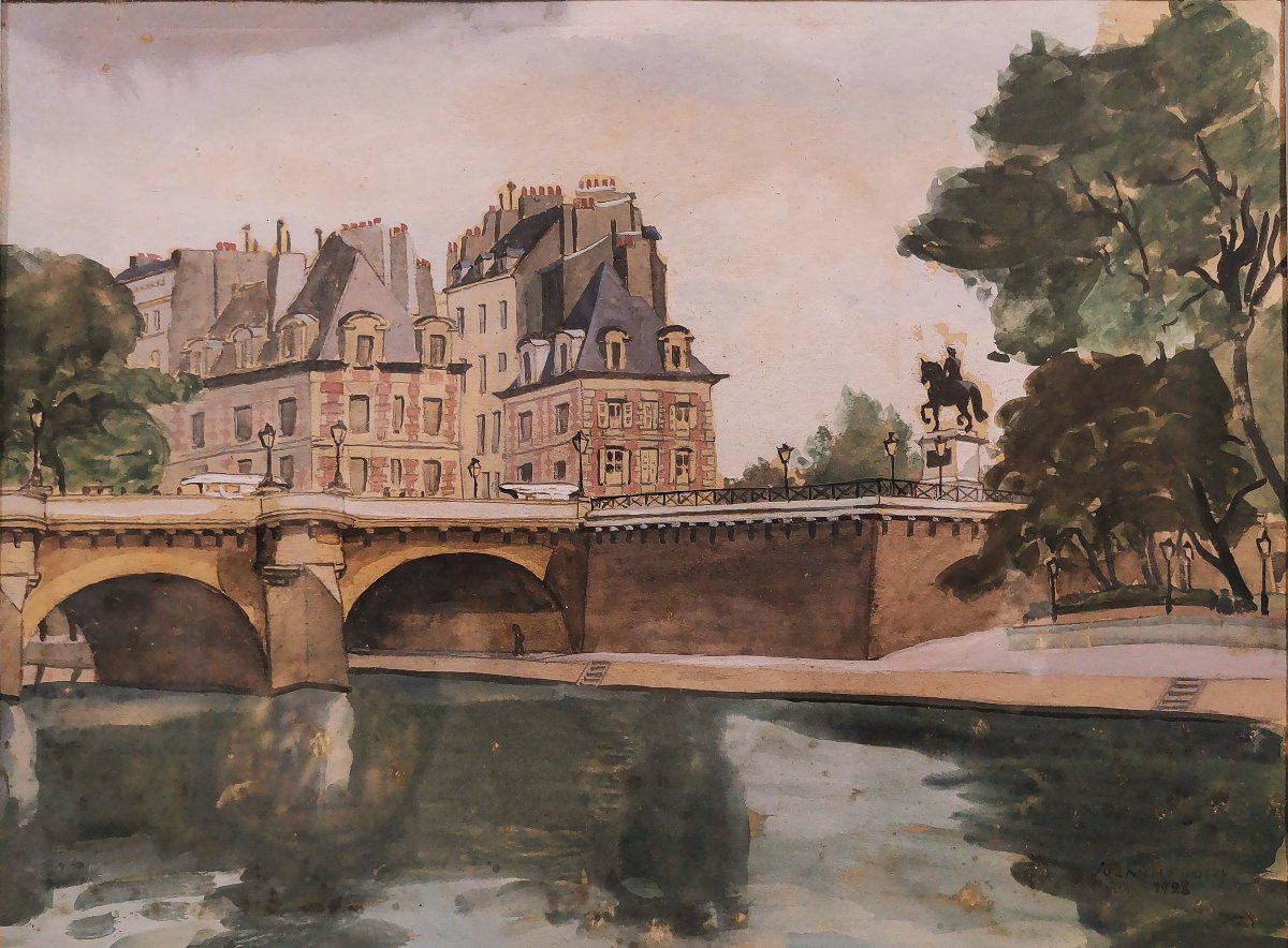 Suzanne Cocq, Peintre Belge, Aquarelle & Gouache sur Papier, Paris Vue du Pont Neuf , 1923-photo-4