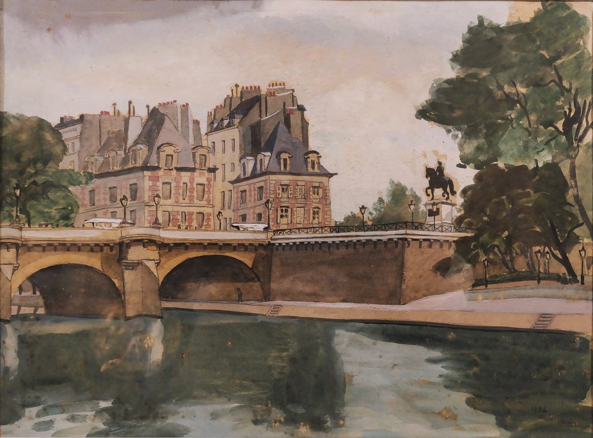 Suzanne Cocq, Peintre Belge, Aquarelle & Gouache sur Papier, Paris Vue du Pont Neuf , 1923-photo-1