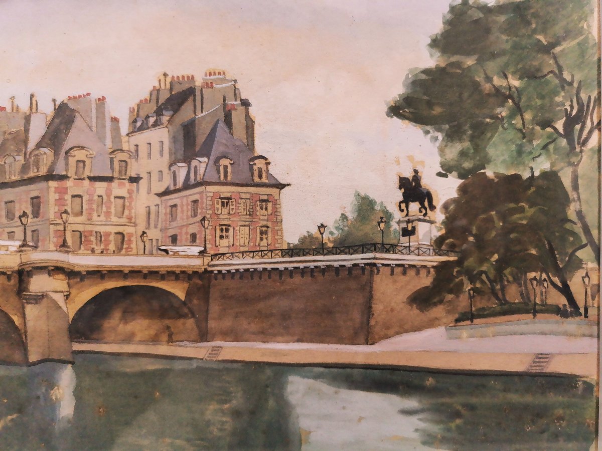 Suzanne Cocq, Peintre Belge, Aquarelle & Gouache sur Papier, Paris Vue du Pont Neuf , 1923-photo-3