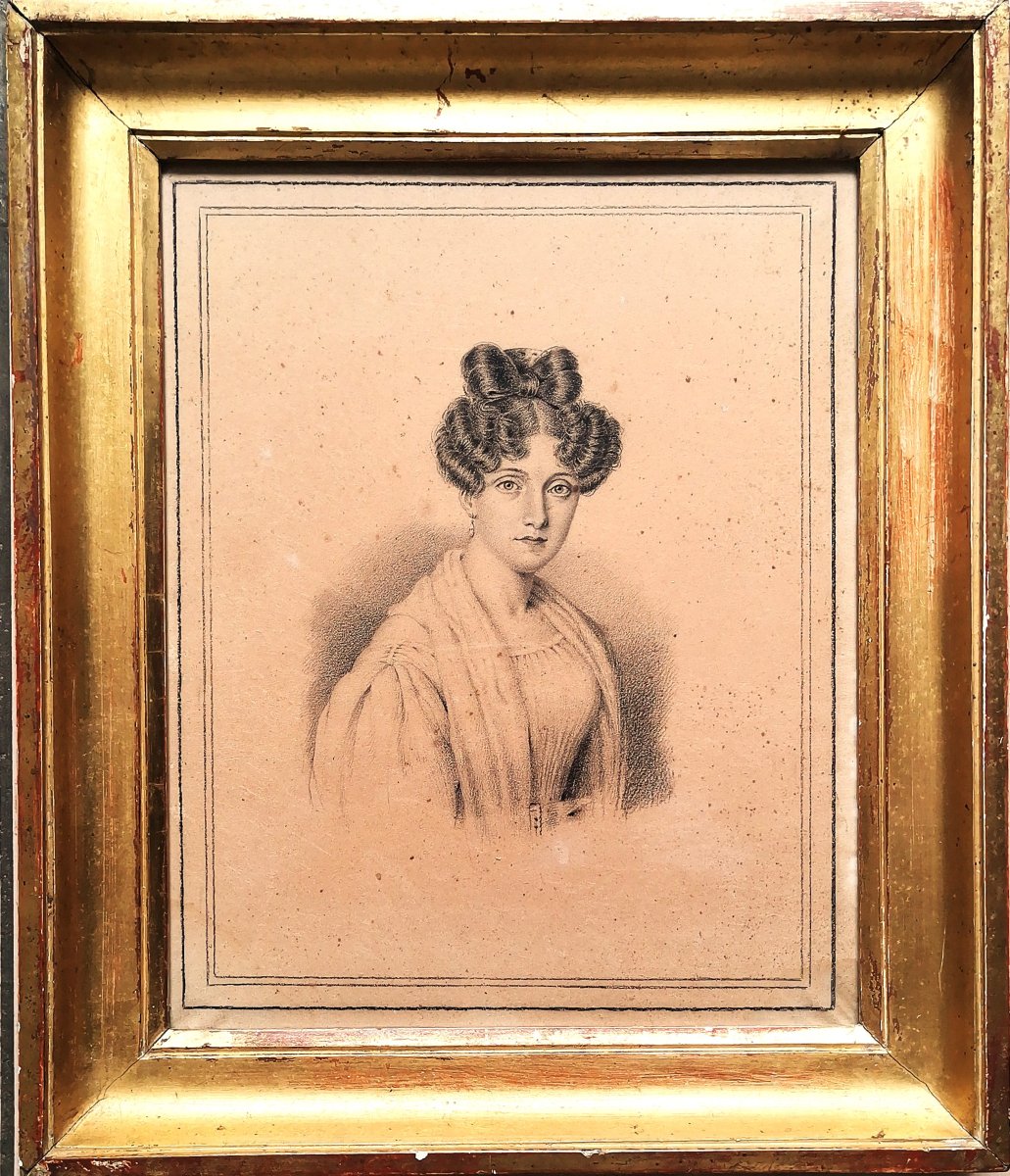 Dessin Epoque Restauration, Portrait en Buste d'une Jeune Femme de Qualité-photo-4