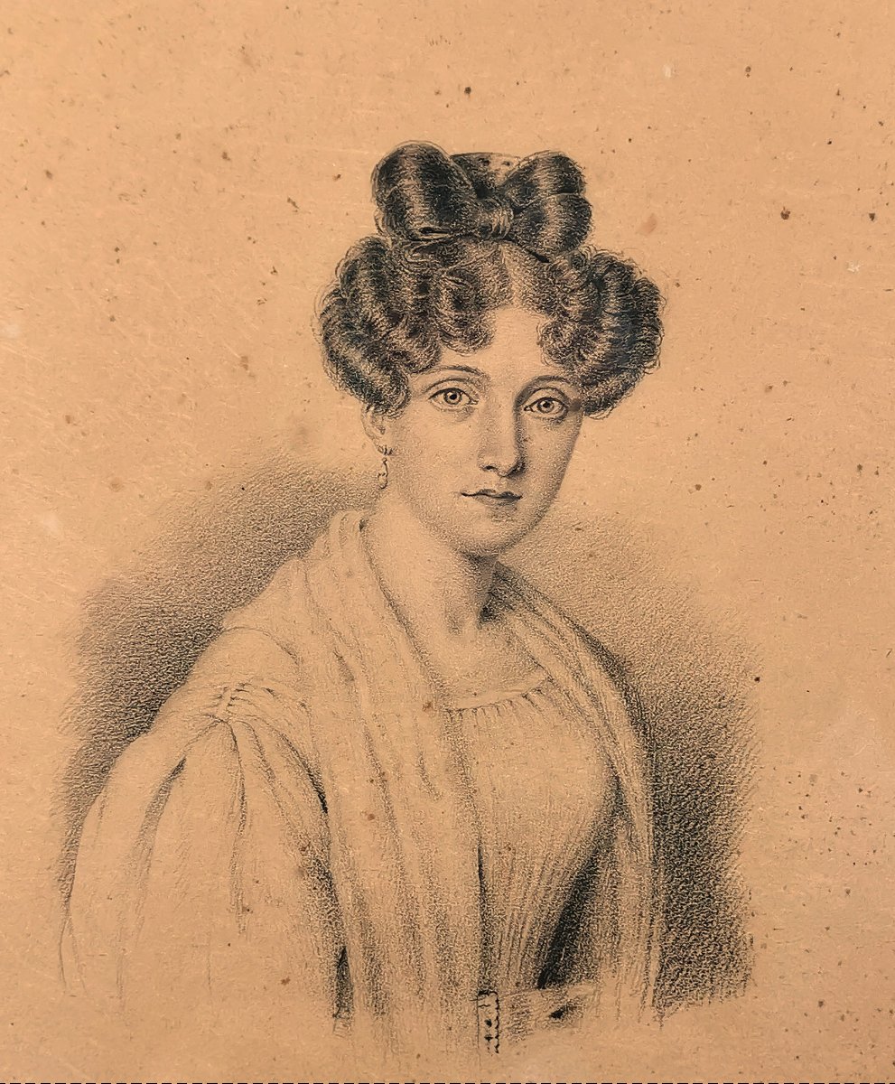 Dessin Epoque Restauration, Portrait en Buste d'une Jeune Femme de Qualité-photo-1