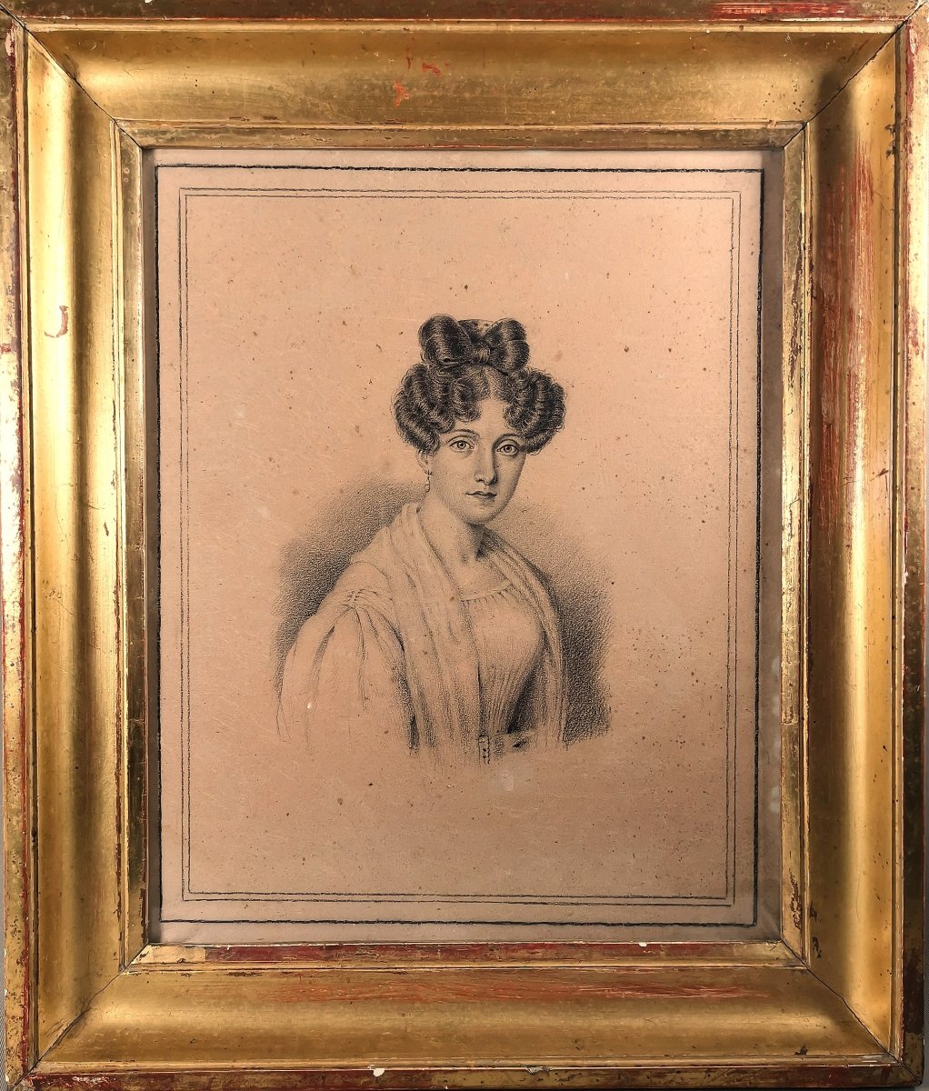 Dessin Epoque Restauration, Portrait en Buste d'une Jeune Femme de Qualité-photo-2