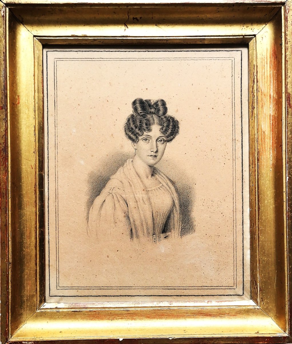 Dessin Epoque Restauration, Portrait en Buste d'une Jeune Femme de Qualité