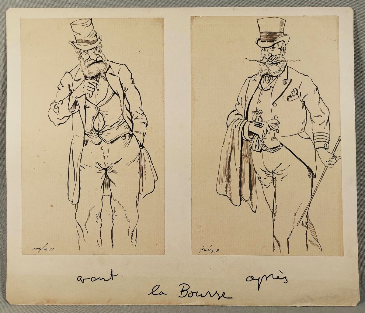 19th-century Satirical Pen-and-ink Drawing, Humorous Caricature, Before And After Stock Market-photo-3