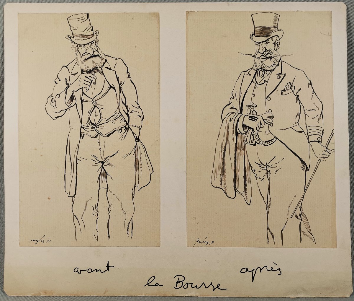 19th-century Satirical Pen-and-ink Drawing, Humorous Caricature, Before And After Stock Market-photo-5