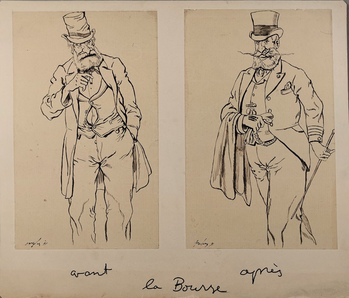 19th-century Satirical Pen-and-ink Drawing, Humorous Caricature, Before And After Stock Market