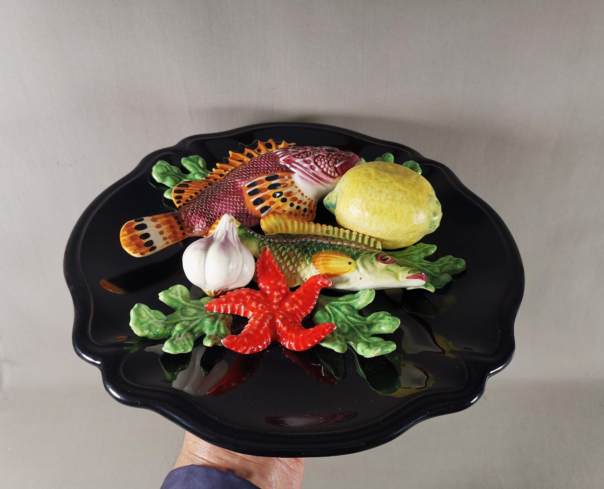 Vallauris Plat Trompe l'oeil, en Majolique ou Barbotine, Poissons et Fruits de Mer, vers 1950-photo-6