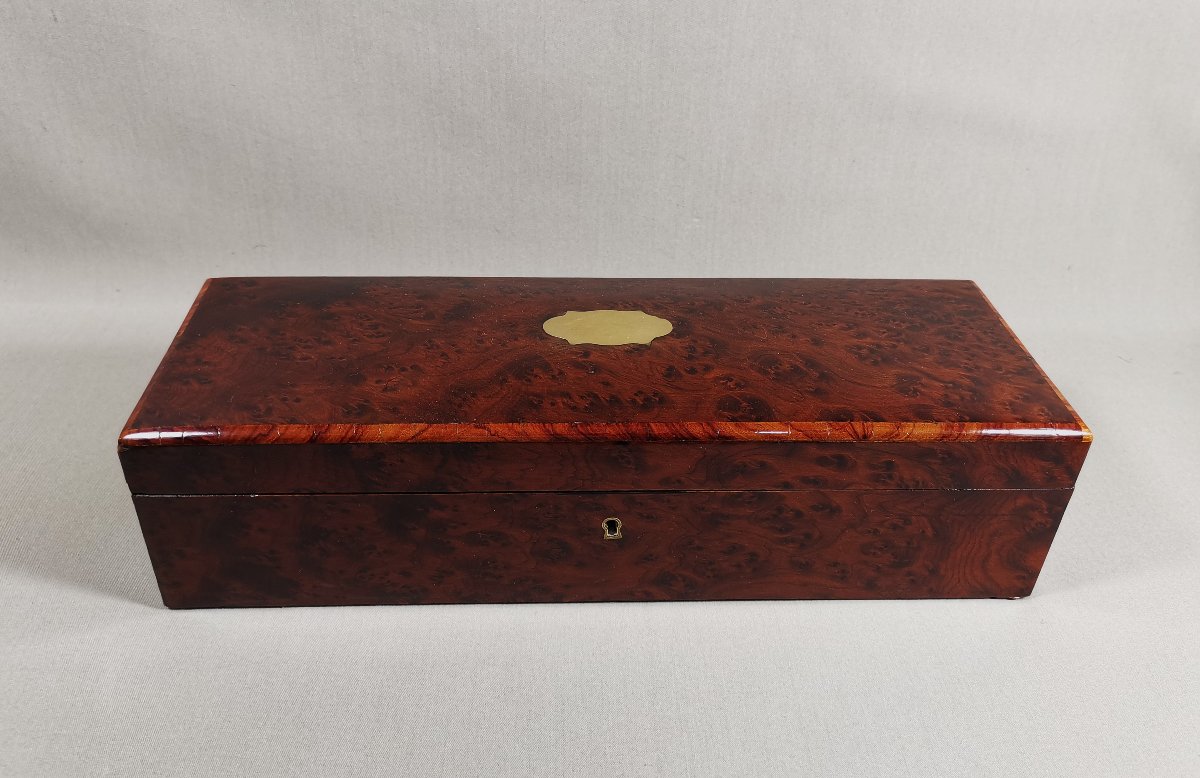 Coffret ou Boîte à Gants du XIXe, Napoléon III, Loupe de Thuyas, laiton, Capitonnage soie Rose-photo-2