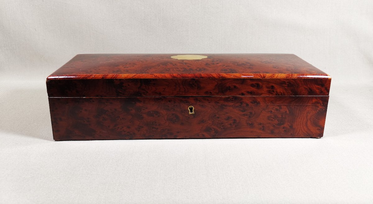 Coffret ou Boîte à Gants du XIXe, Napoléon III, Loupe de Thuyas, laiton, Capitonnage soie Rose-photo-4