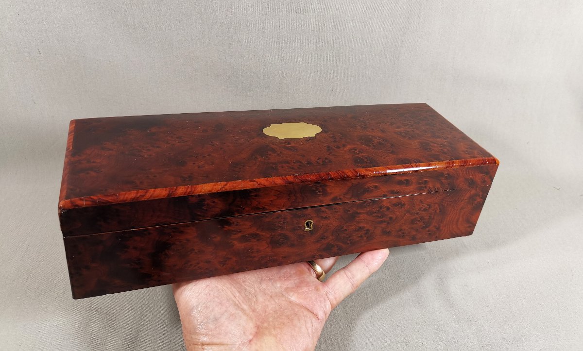 Coffret ou Boîte à Gants du XIXe, Napoléon III, Loupe de Thuyas, laiton, Capitonnage soie Rose-photo-6