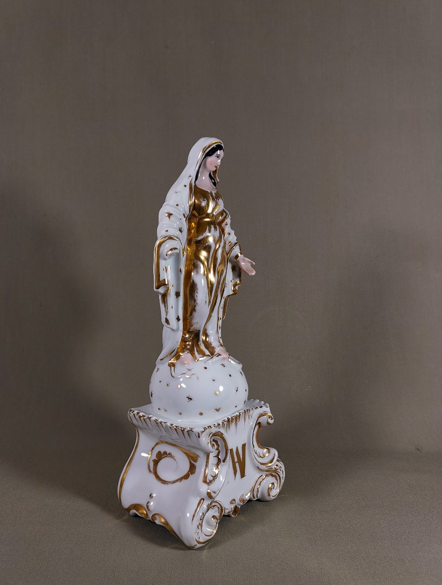 Vierge de Rédemption, Porcelaine de Paris, sur un Globe Etoilé  elle Foule aux Pieds le Serpent-photo-3