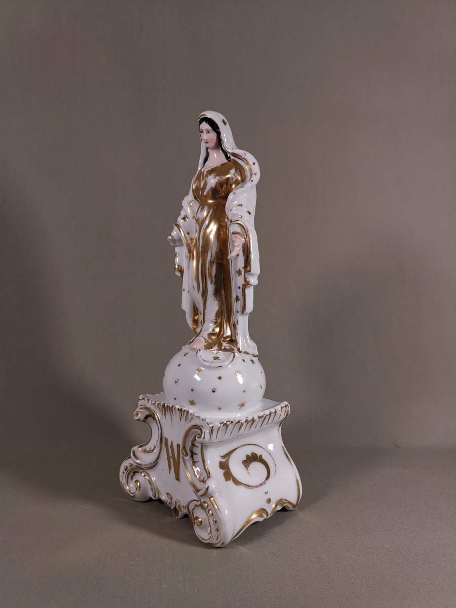 Vierge de Rédemption, Porcelaine de Paris, sur un Globe Etoilé  elle Foule aux Pieds le Serpent-photo-2