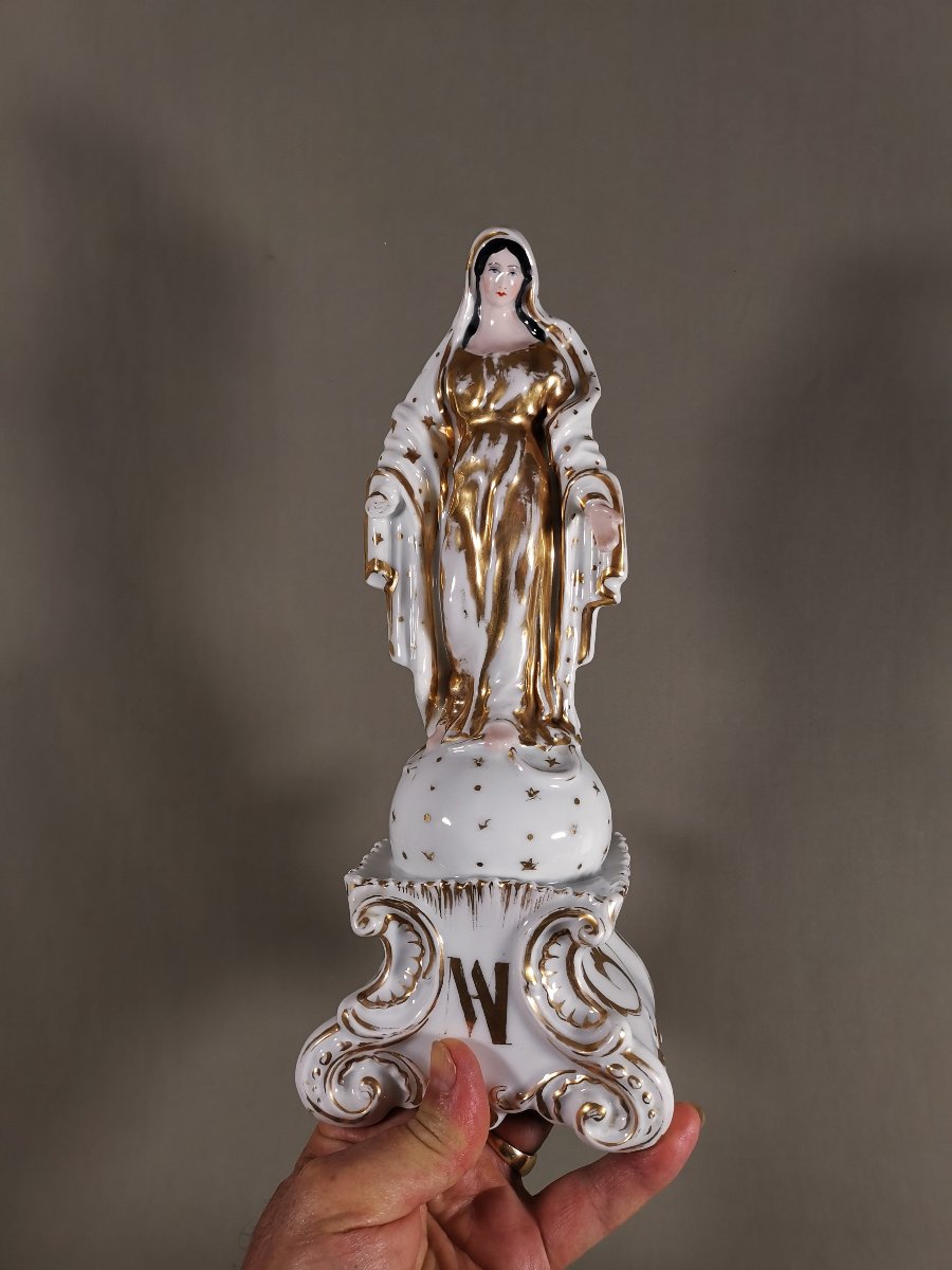 Vierge de Rédemption, Porcelaine de Paris, sur un Globe Etoilé  elle Foule aux Pieds le Serpent-photo-8