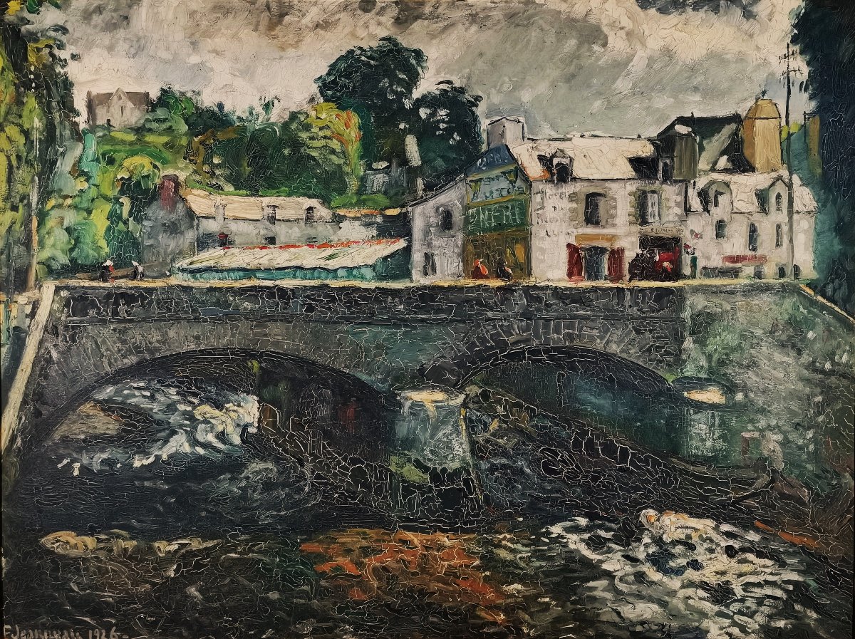 Fernand Jeanneau, Belle huile Animée, Le Pont Lovignon à Quimperlé , Finistère en Bretagne-photo-2