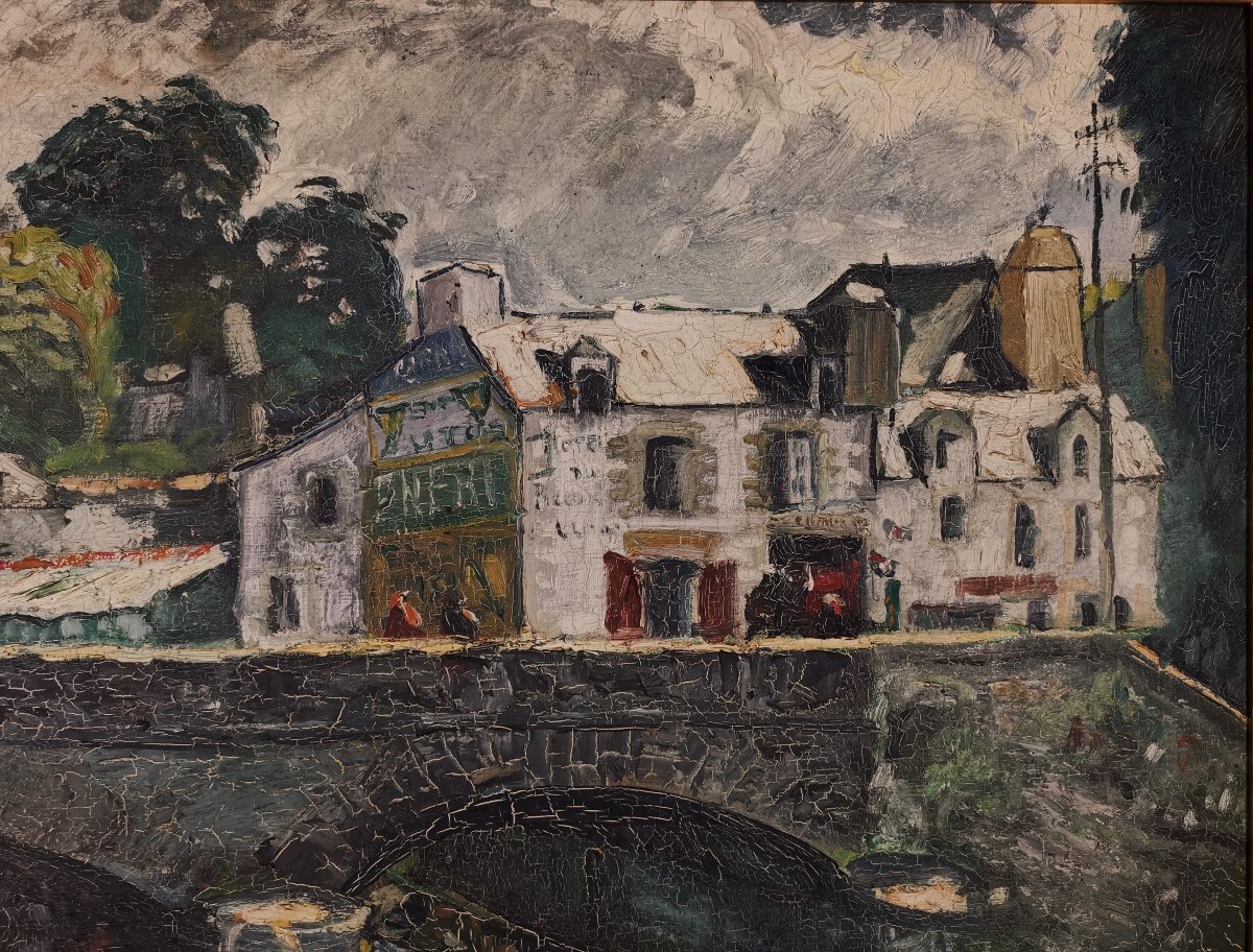 Fernand Jeanneau, Belle huile Animée, Le Pont Lovignon à Quimperlé , Finistère en Bretagne-photo-3