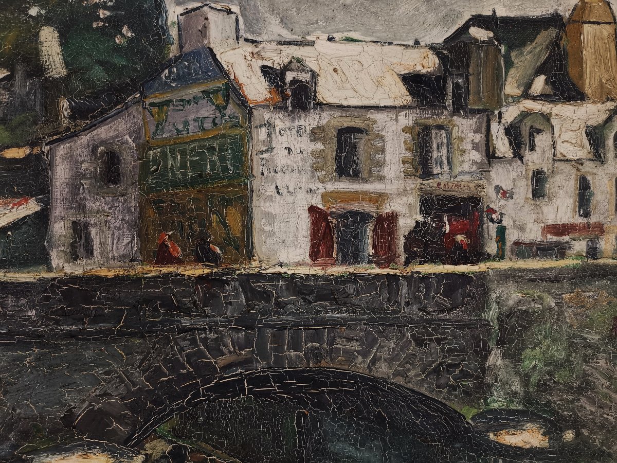 Fernand Jeanneau, Belle huile Animée, Le Pont Lovignon à Quimperlé , Finistère en Bretagne-photo-3