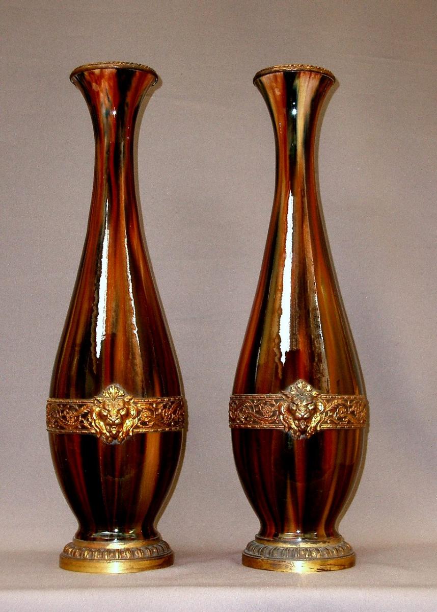 Pair Of Important Jaspé Glaze Vases, Bronze Mount