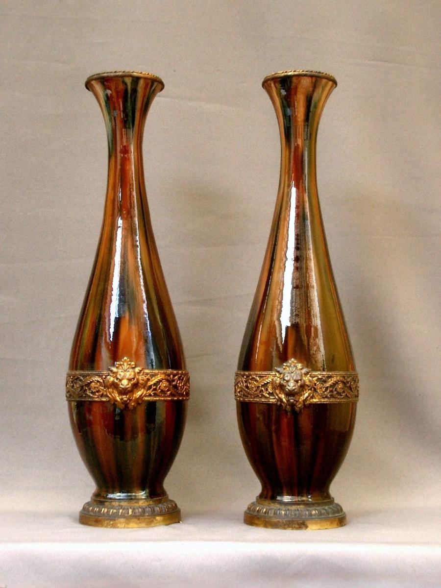 Pair Of Important Jaspé Glaze Vases, Bronze Mount-photo-2