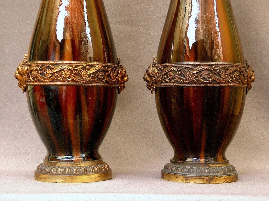 Pair Of Important Jaspé Glaze Vases, Bronze Mount-photo-3