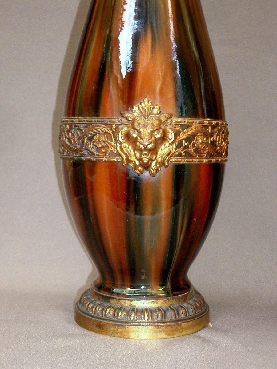 Pair Of Important Jaspé Glaze Vases, Bronze Mount-photo-4