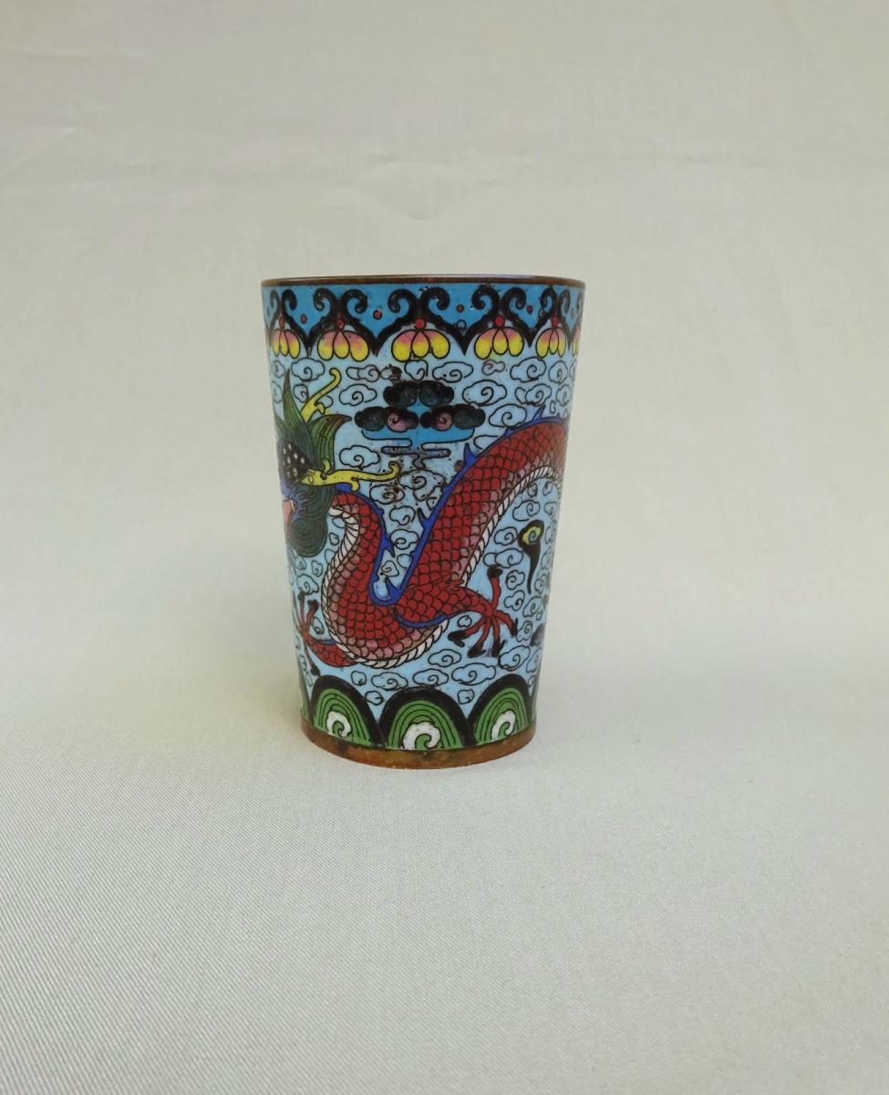 Chine XIXème, Vase en Bronze Cloisonné à Décor de Dragon & Perle Sacrée-photo-3