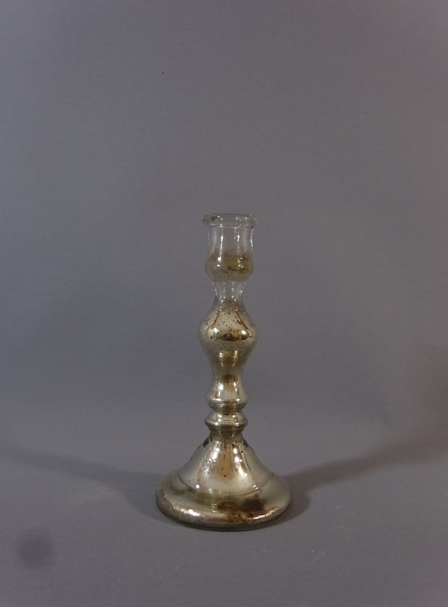 BOUGEOIR ou FLAMBEAU ANCIEN du XIXeme SIECLE en VERRE SOUFFLÉ EGLOMISÉ ou MERCURISÉ-photo-4