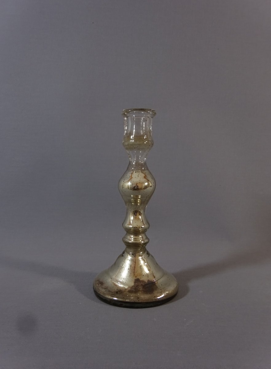 BOUGEOIR ou FLAMBEAU ANCIEN du XIXeme SIECLE en VERRE SOUFFLÉ EGLOMISÉ ou MERCURISÉ-photo-2